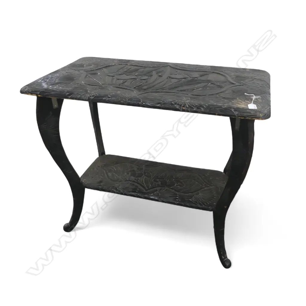 VINTAGE JAPANESE CARVED SIDE TABLE by 'Y HAYASHI. NOKKO' mark to base. Ebonised finish showing wear. 880 x 510 x 715mm Image 1++