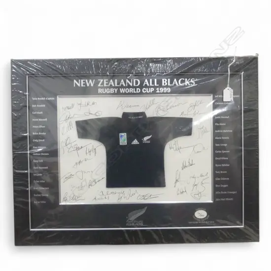 FRAMED 1999 MINIATURE SIGNED ALL BLACKS RUGBY SHIRT Ed.26/300 480x620mm