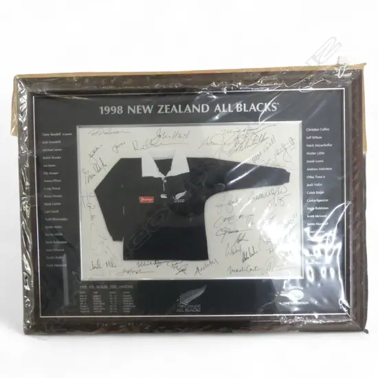 FRAMED 1998 MINIATURE SIGNED ALL BLACKS RUGBY SHIRT Ed.26/300 480x620mm