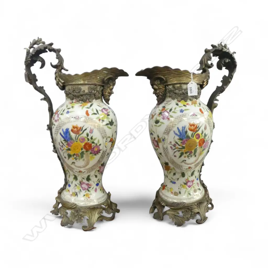 A PAIR OF WONG LEE PORCELAIN AMPHORA WITH FLORAL DECORATION WITH GILT METAL MOUNTS 530 MM (H) Image 1++