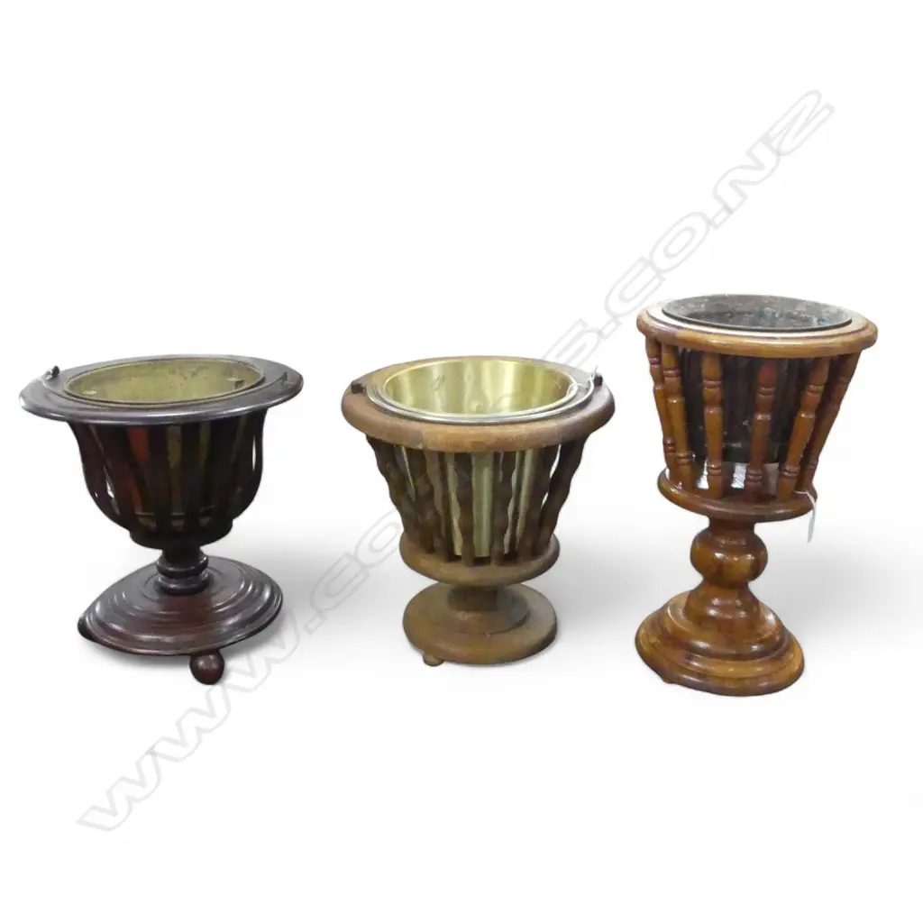 THREE ANTIQUE STYLE TIMBER PLANTERS WITH METAL LINERS 500mm(h) 390 mm(h) 380mm(h) Image 1++