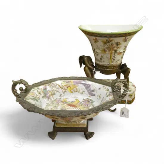 A WONG LEE PORCELIAN VASE WITH GILT METAL CHERUBS 270mm (H) TOGETHER WITH A SMALL WONG LEE CENTREPIECE 120 mm (H)