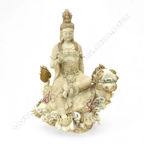 A LARGE AND IMPRESSIVE CHINESE SHIWAN FIGURE OF QUAN YIN ON A MYTHICAL DRAGON - VERY FINELY MODELLED 660mm (H)