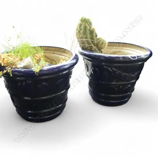 PR BLUE GLAZED PLANTER POTS 1 w. CACTUS H.350mm