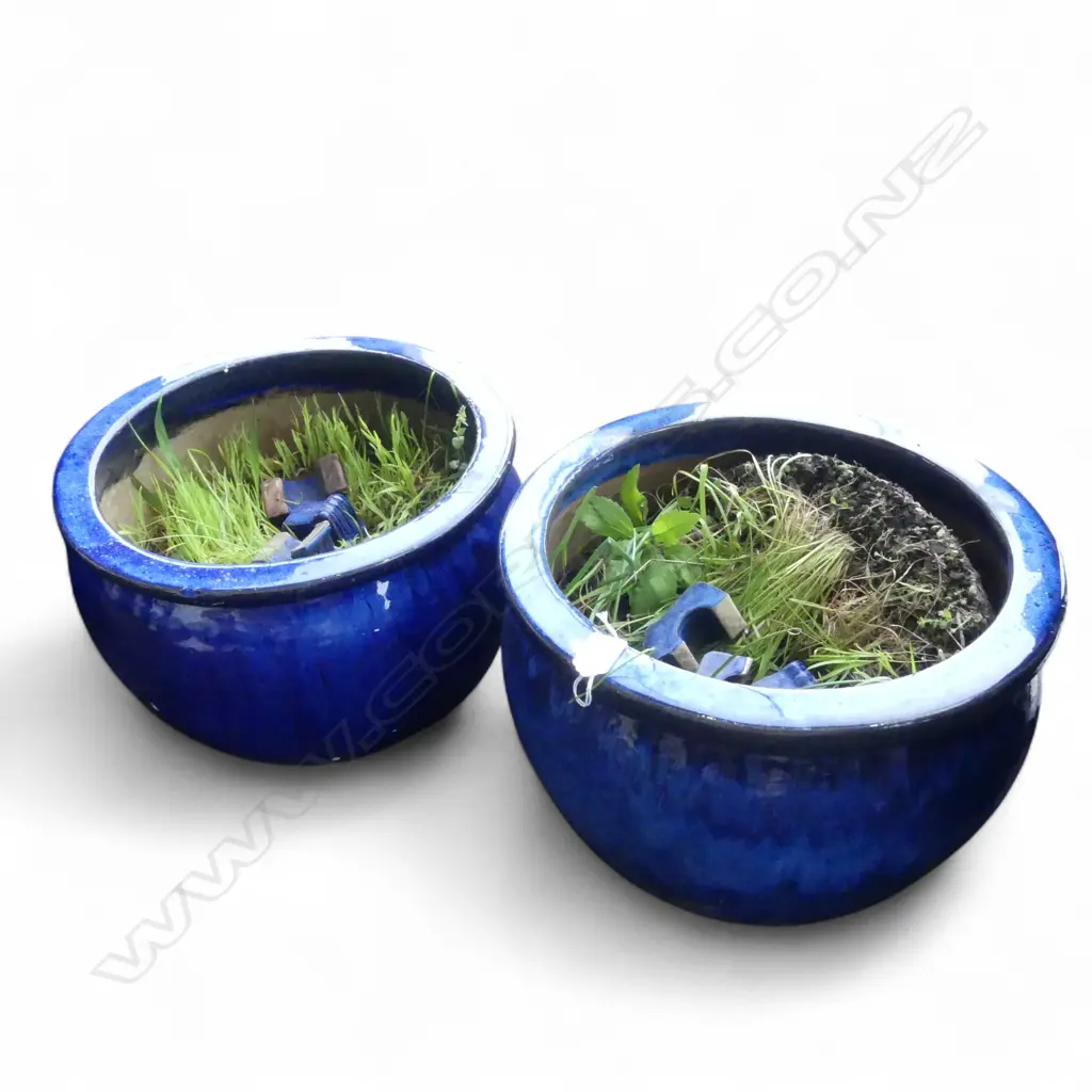 2 BLUE GLAZED GARDEN POTS H.265mm, 400mm dia Image 1++