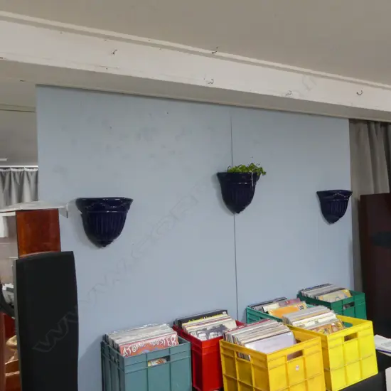 3 BLUE GLAZED WALL PLANTER POTS H.270mm