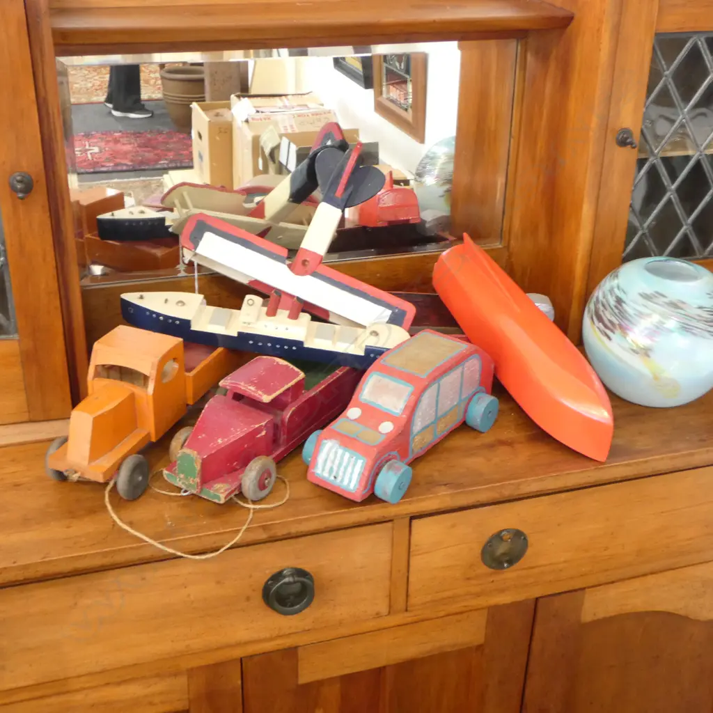 7 PAINTED WOODEN TOYS; 2 TRUCKS, 3 BOATS, BI-PLANE, CAR L.395mm Image 1++
