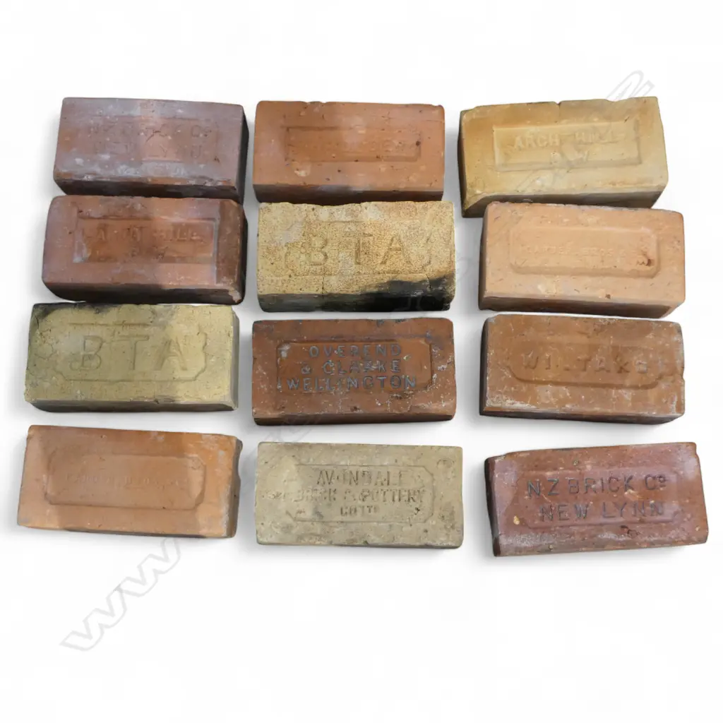 12 ASST. N.Z. BRICKS  INCLUDES OVEREND & CLARKE WELLINGTON/AVONDALE BRICK & POTTERY COY./ARCH HILL B.W. Image 1++