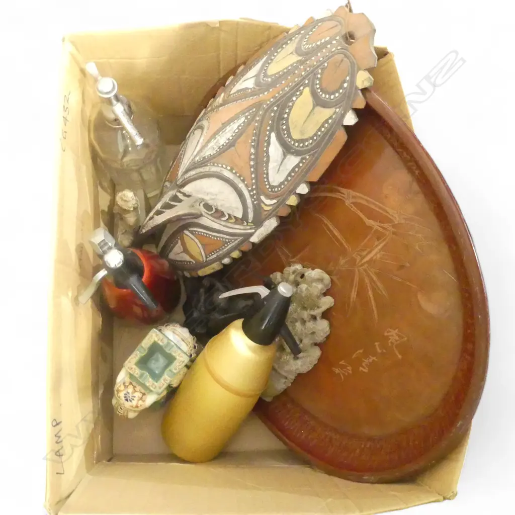ASST. ITEMS; 3 SODA BOTTLES, LG ORIENTAL TRAY, 2 JADE-LIKE RESIN CARVINGS Image 1++