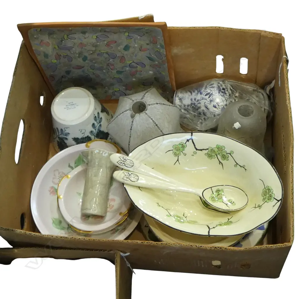 BOX VINTAGE CHINA + GLASS LIGHT SHADES ETC: Briar pattern bowl + servers + bowl set + 2 porcelain studio vases (Taniwha) Image 1++