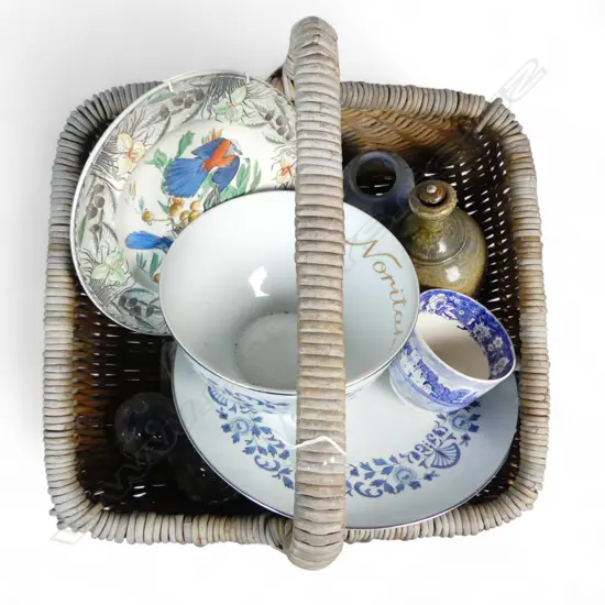 CANE BASKET & CONTENTS CHINA GLASS POTTERY ETC