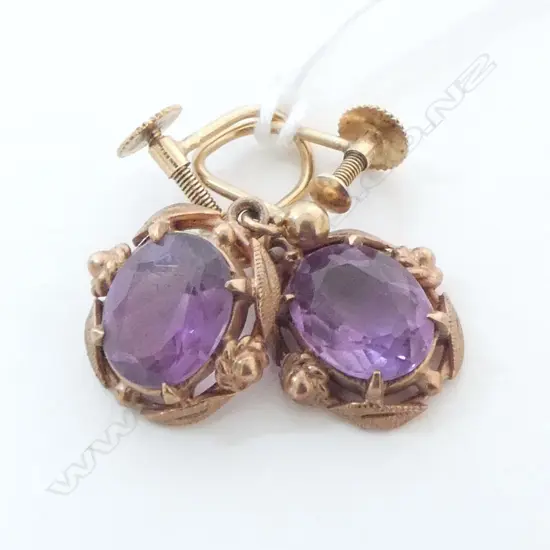 PAIR AMETHYST DROP EARRINGS 9CT GOLD SCREW FITTINGS