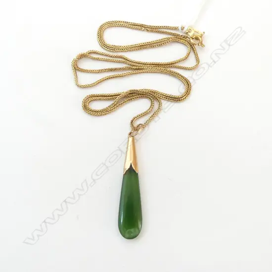 18CT NECKLACE 5.8grms + GREENSTONE PENDANT 2gms chain is worn