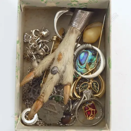 BOX OF PENDENTS/RINGS BROOCHES 2 PAUA BUTTONS SIVER ROSE STUDS