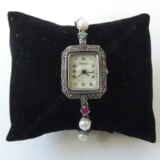 STERLING SILVER QUARTZ DRESS WATCH SET with Pearl/Ruby/Sapp/Emerald STONES IN STRAP.  GOING ORDER