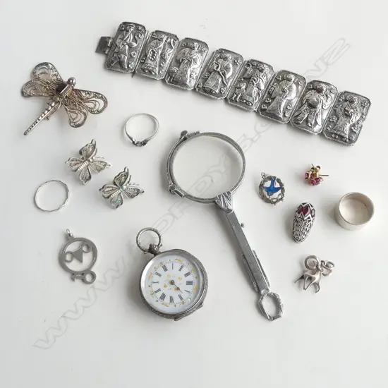 SILVER CHINESE BRACELET small fault + other SILVER JEWELLERY: watch + dragonfly + lorgnette w 1 glass missing etc