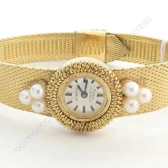 1950’s COCKTAIL DRESS WATCH in Gold Plate with Real Cultured Pearl Detail,  (Manual wind 17 Jewels Incabloc)