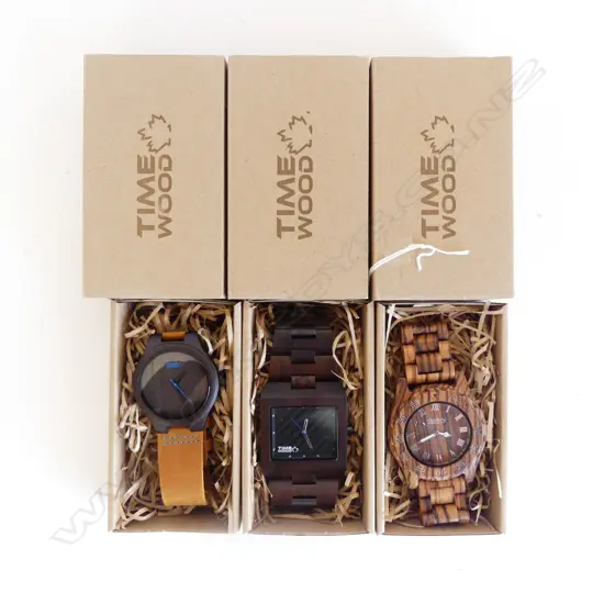 3 'TIME WOOD' WOODEN WRIST WATCHES w. 1 LEATHER STRAP/2 WOODEN STRAPS, BOXED AS NEW