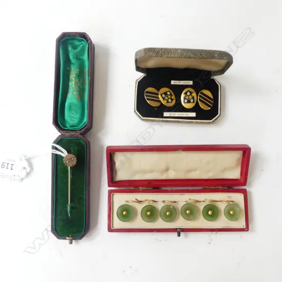CASED FANCY SHIRT STUDS, CASED 'GUYS HOSPITAL' CUFF LINKS & COSTUME STICK PIN BROOCH