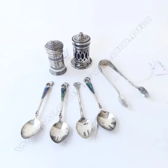 ASSTD SILVER; TWO PEPPER SHAKERS w GLASS LINERS, BIRM. 1932, 4 TEASPOONS (3 KIWI/PAUA TOPS) & PR SUGAR TONGS, 63gm