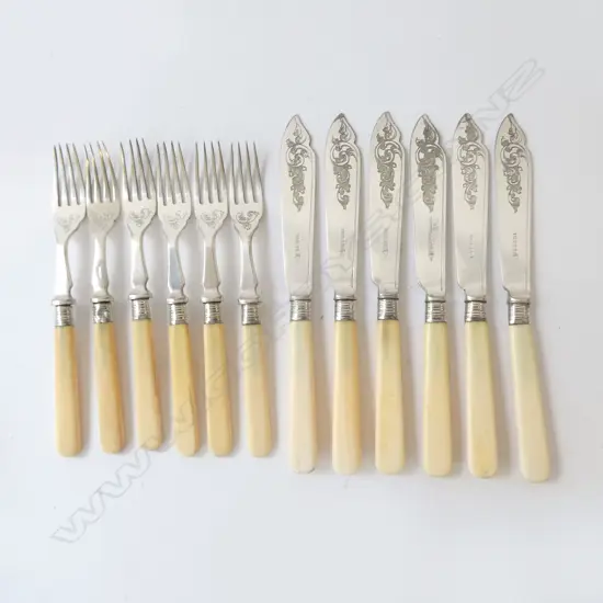 ANTIQUE IVORY HANDLED 12PC FISH CUTLERY SET WALKER & HALL, L.185-210MM  