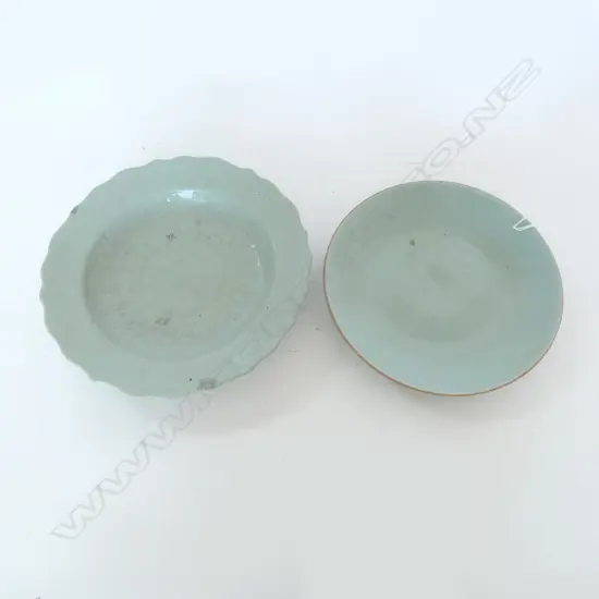 2 ORIENTAL CELADON PLATES 290mm dia 1 w. rim chips