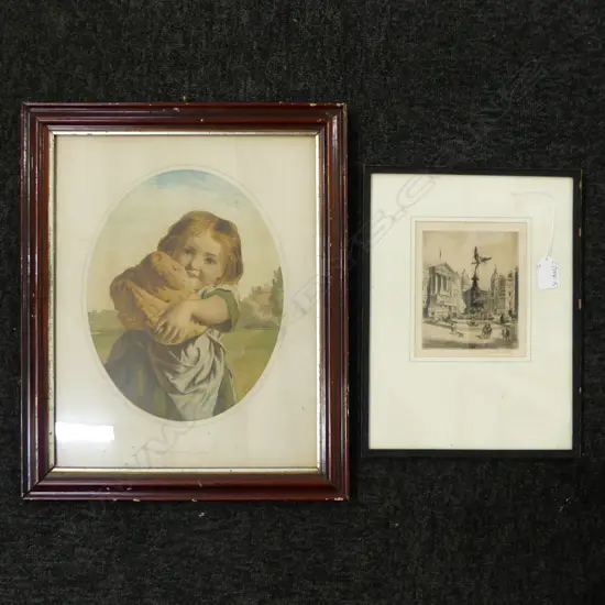 2 ARTWORKS: CHROMOLITHOGRAPH 'THE COTTER'S CHILD' 360 x 280mm & A.J. MEYER etching of Piccadilly Square