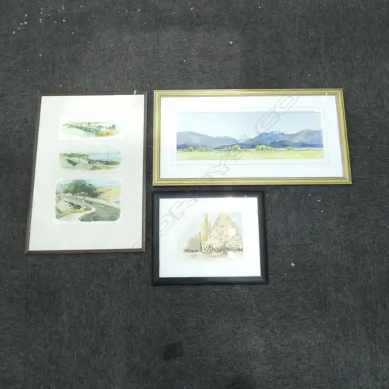 3 WCs; GEOFF MILNE 'MURCHISON MOUNTAINS' 185x540mm, JOANNE MORTIMORE TREES, 3 VIEWS OF OREWA BRIDGE (PRINTS)