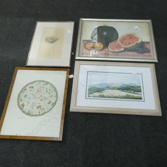 4 ARTWORKS; FLORAL WC, MAUREEN CAREY WC LANDSCAPE 215x385mm, WATERMELON STILL LIFE PRINT, PENCIL SKETCH FLOWERS