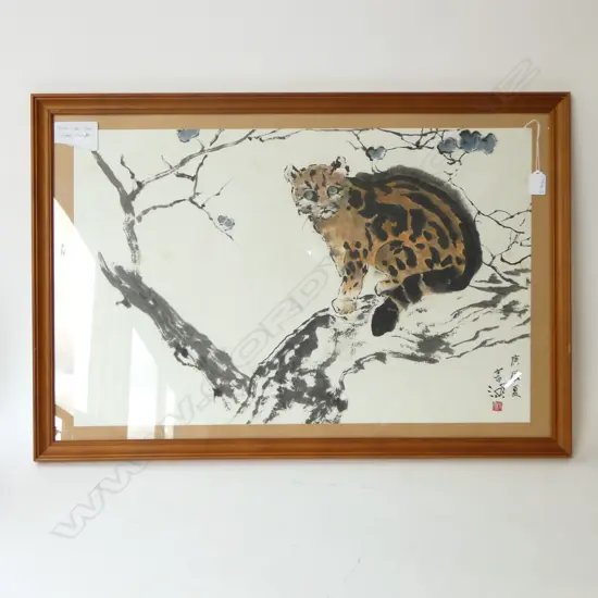 WATERCOLOUR OF A LEOPARD BY TANG SHAN SAM of Hong Kong framed under glass 445 x 690mm