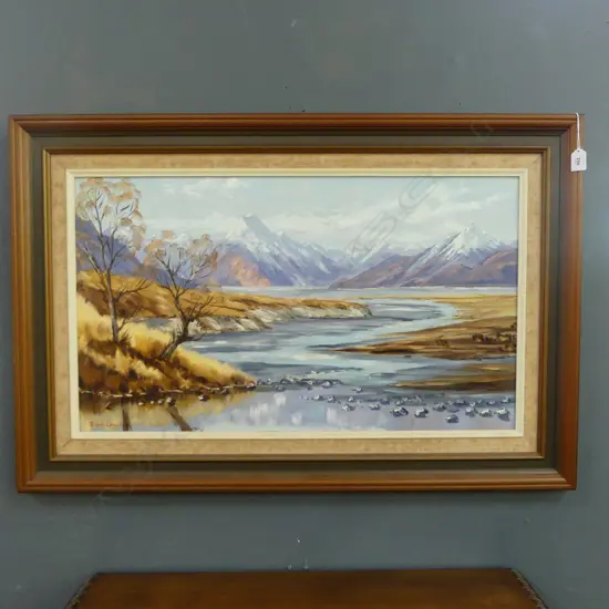 PETER LONG 'MT COOK, TASMAN VALLEY' OIL ON BOARD 430x750mm