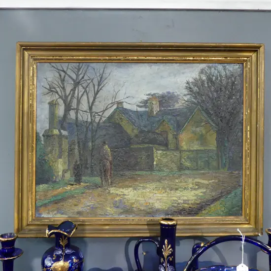 ARTIST UNKOWN, OIL ON BOARD, VILLAGE SCENE 445x595mm