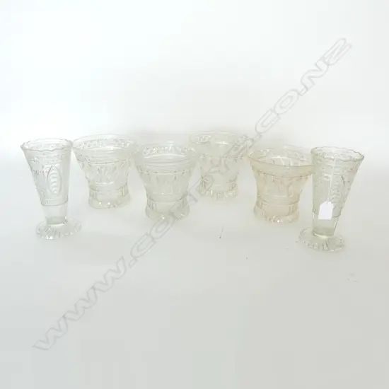 6 CLEAR DEPRESSION / PRESSED GLASS VASES H.180mm (4+2)