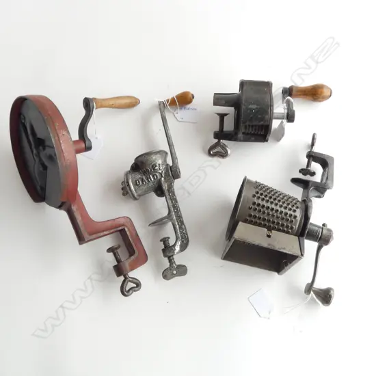(1142,1159,3569,3558) ASST ANTIQUE KITCHENALIA; HOUCHIN GRATER, DANDY MEAT GRINDER, 2 BEAN SLICERS