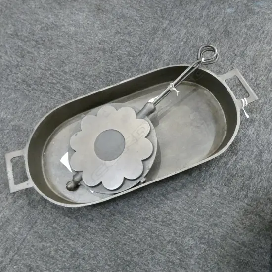 69/68  VINTAGE CAST IRON GRIDDLE L510MM & CAST IRON  WAFFLE IRON L430MM