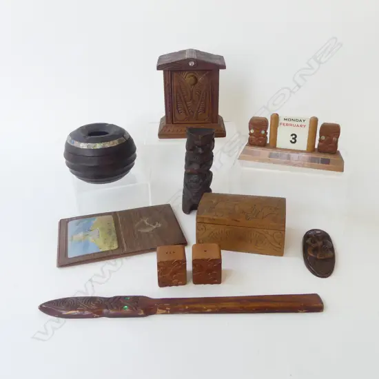 ASSORTED NZ MEMORABILIA Incl. CARVED BOX, WOOD TIKI, etc