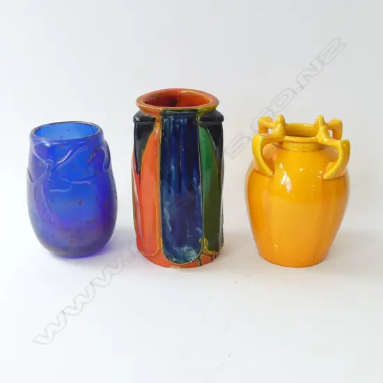 2 ART POTTERY VASES (probably Awaji) H.190mm + ART GLASS VASE H.145mm