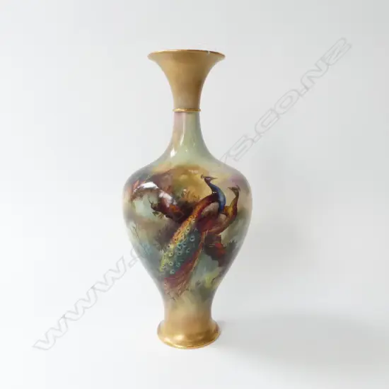 ROYAL WORCESTER HAND PAINTED VASE; PEACOCKS, W.E. JARMAN H.300mm, chip & crack to rim