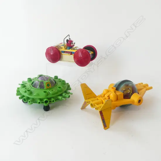 VINTAGE MICKEY MOUSE JAPAN CAR & TWO BRITAINS ENGLAND SPACE TOYS, L.175-230MM