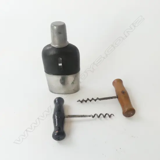 ANTIQUE J. DIXON SHEFFIELD LEATHER CASED HIPFLASK 1/4PT, 2 CORKSCREWS & MEASURE 