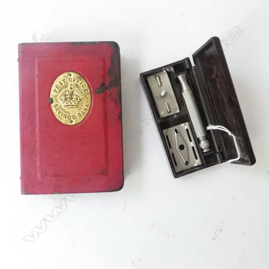POST OFFICE SAVINGS BANK & VINTAGE BAKELITE CASED RAZOR