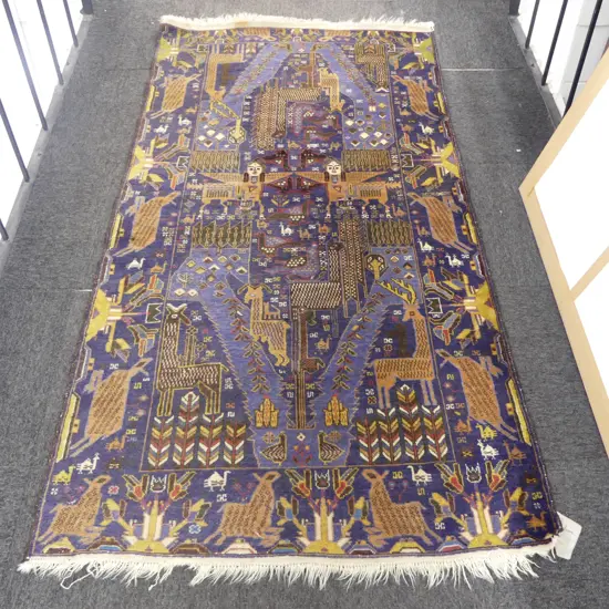 HAND KNOTTED ALL WOOL RUG 2000x1110mm PICTORIAL ON BLUE GROUND...