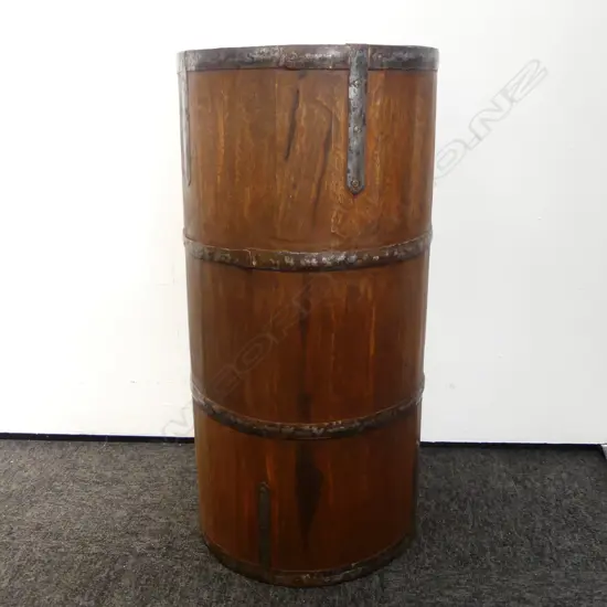 HANDCRAFTED WOODEN BARREL / UMBRELLA STAND W METAL BRACES H.610mm