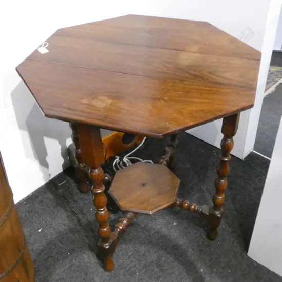 c1920 ROSEWOOD DROP LEAF OCTAGONAL SIDE TABLE SCISSOR ACTION BASE w lower shelf. 670 x 680 x 700mm