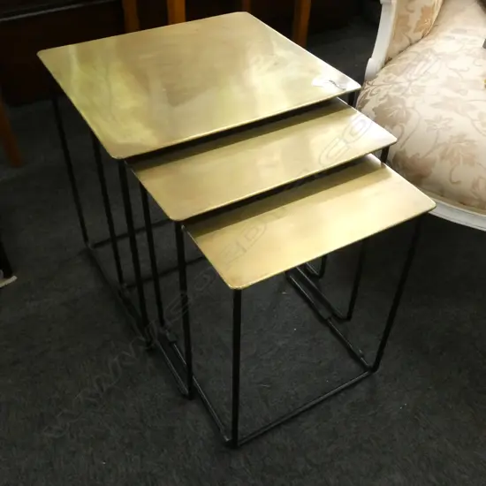 3 BRASS METAL NESTING TABLES 510x450x550mm
