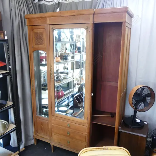 FRENCH EARLY 20thC OAK MIRRORED WARDROBE 1500x550x2180mm (DOOR DAMAGED)