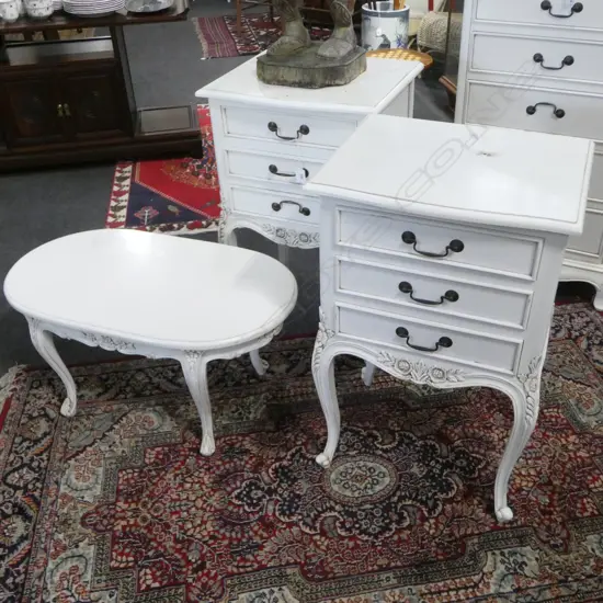 PR WHITE BEDSIDE DRAWERS 500x400x800mm & SIDE TABLE