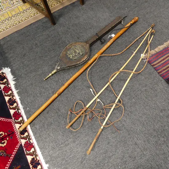 2 WHIPS, WALKING STICK & BELLOWS