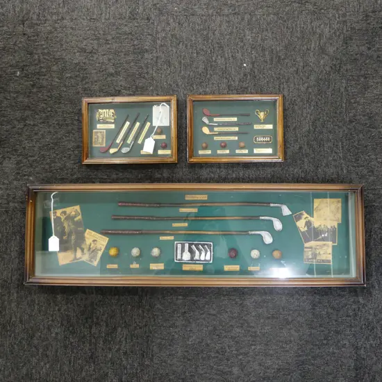 THREE FRAMED GOLF MEMORABILIA LARGEST 240x800mm