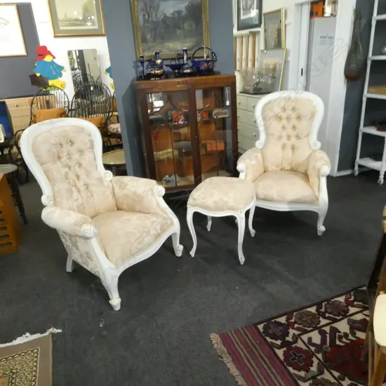 PR UPHOLSTERED ARMCHAIRS + FOOTSTOOL